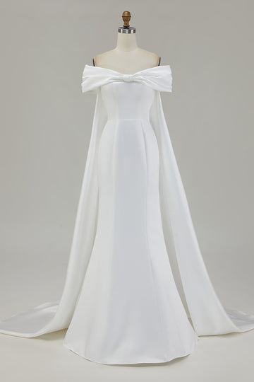 Off The Shoulder White Mermaid Wedding Dress with Cape Sleeves